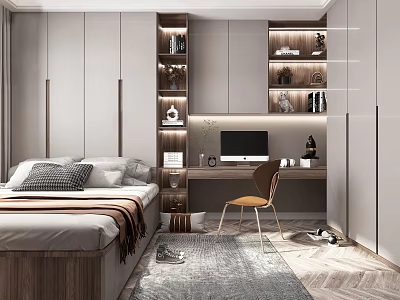 Modern Minimalist Tatami Bedroom Interior With Tatami Bed Desk Bookshelves And Decor 3d model