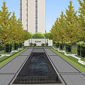Landscape Wall Design With Water Pool And Tall Trees Along Modern Pathway 3d model