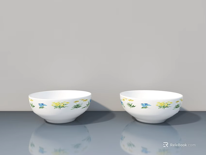White Bathtub With Yellow Floral And Blue Patterns On Gray Surface 3d model 