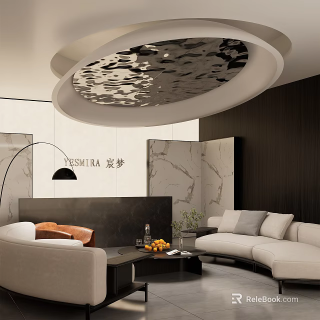 Luxury Sales Office Interior Design Unique Ceiling Design Marble Walls Sofa And Reception Area 3d model 