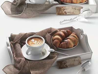 Fresh Coffee With Latte Art And Croissants On Linen Lined Tray 3d model