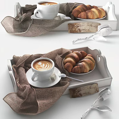 Fresh Coffee With Latte Art And Croissants On Linen Lined Tray 3d model