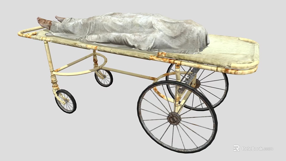 Antique Medical Stretcher With Metal Frame Wheels And Gray Cloth Cover 3d model 