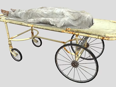 Antique Medical Stretcher With Metal Frame Wheels And Gray Cloth Cover 3d model