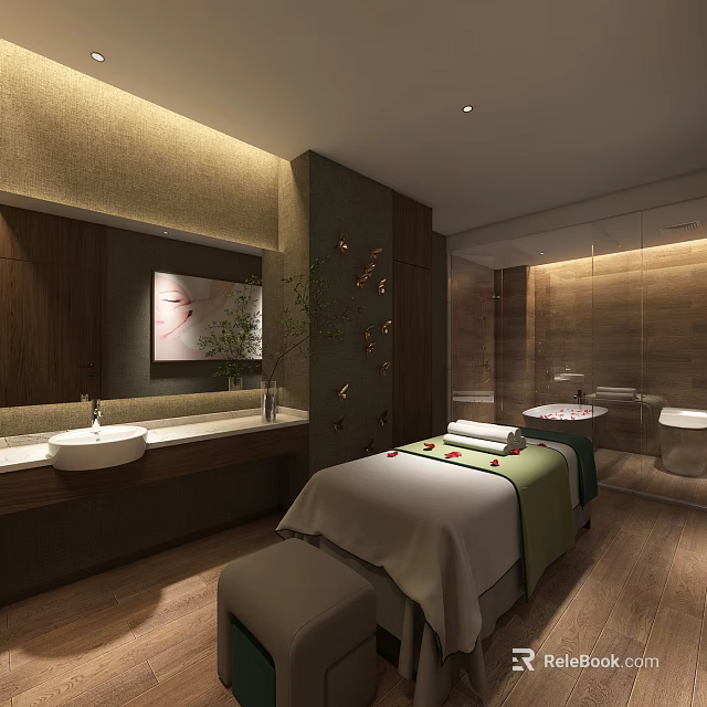 Modern SPA Sauna Interior With Massage Bed Towels Petals Wooden Sink And Mirror 3d model 