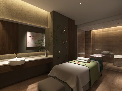 Modern SPA Sauna Interior With Massage Bed Towels Petals Wooden Sink And Mirror 3d model