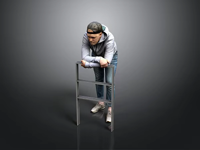 Man In Gray Hoodie Leaning On Metal Ladder Against Dark Background 3d model