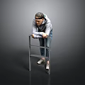 Man In Gray Hoodie Leaning On Metal Ladder Against Dark Background