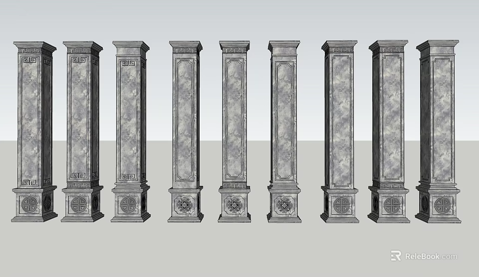 Classical Gray Stone Columns Featuring Ornate Carved Details And Decorative Bases 3d model 