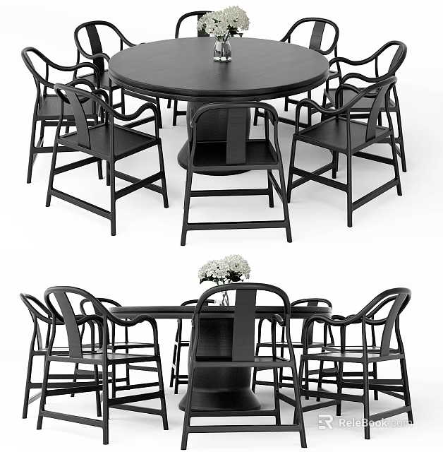Modern Black Dining Table Set With Round Table And Stylish Curved Chairs 3d model