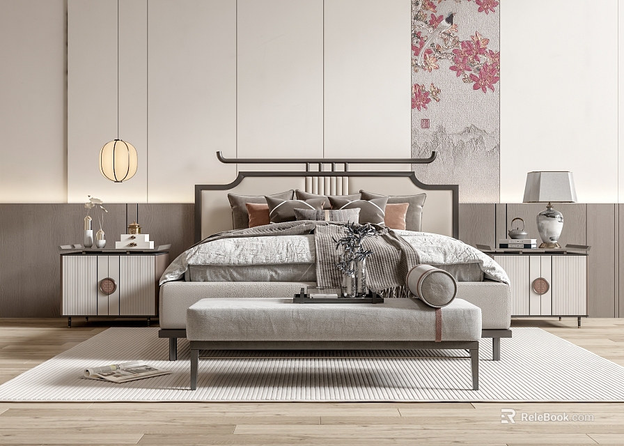 New Chinese Style Double Bed Interior With Floral Wall Art Nightstands Pendant Lamps And Bench 3d model 