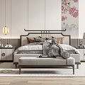 New Chinese Style Double Bed Interior With Floral Wall Art Nightstands Pendant Lamps And Bench