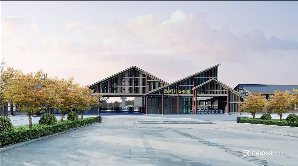 Modern Architectural Entrance Gate With Triangular Roof Wooden Frames Stone Pavement And Trees 3d model 