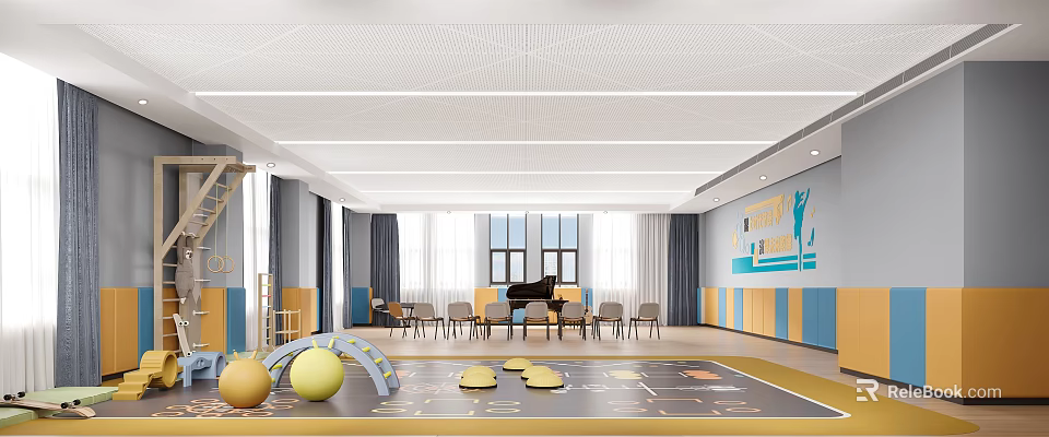 Bright School Music Classroom With Piano Chairs Windows Colorful Mats And Wall Decorations 3d model 