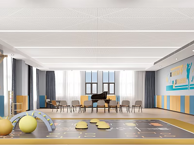 Bright School Music Classroom With Piano Chairs Windows Colorful Mats And Wall Decorations 3d model