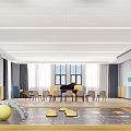 Bright School Music Classroom With Piano Chairs Windows Colorful Mats And Wall Decorations