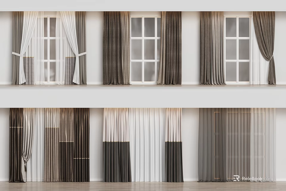 Curtain Styles in Various Modern Designs and Neutral Colors for Home Decor 3d model 