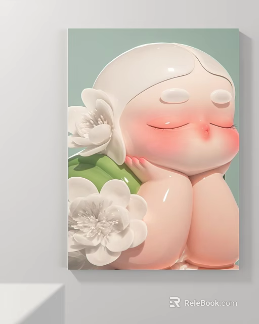 Cute Blushing Portrait With Closed Eyes White Flowers And Green Leaves 3d model 