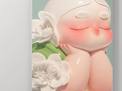Cute Blushing Portrait With Closed Eyes White Flowers And Green Leaves 3d model