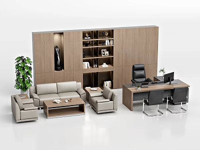 Modern Office Desk Setup With Sofa Coffee Table Green Plant And Bookshelf 3d model