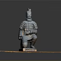 Detailed Ancient Terracotta Warrior Sculpture in Kneeling Pose on Wooden Base