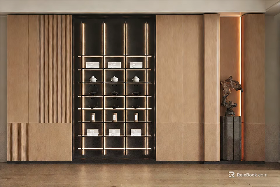 Elegant Wooden Background Wall Featuring Glass Door Wine Cabinet With Bottles And Glasses 3d model 