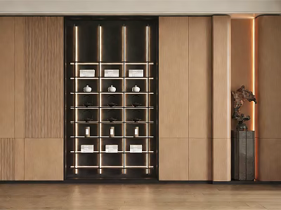 Elegant Wooden Background Wall Featuring Glass Door Wine Cabinet With Bottles And Glasses 3d model