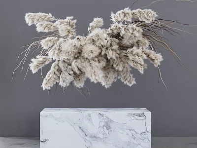 Dried White Flowers in Cube Shaped Marble Vase Against Gray Wall Background 3d model