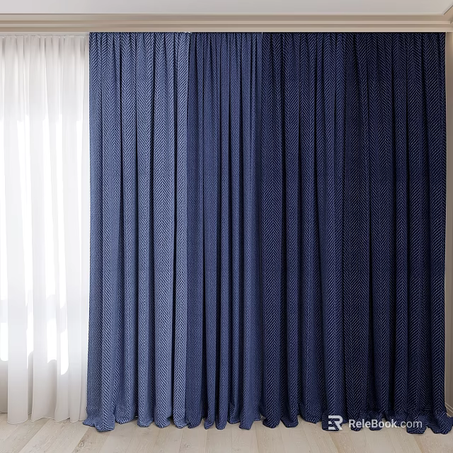 Elegant Light Filtering White and Navy Blue Curtains for Window Interior Decoration 3d model