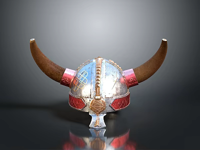 Viking Horned Helmet Weapon With Silver Decorative Patterns Red Accents And Traditional Design 3d model
