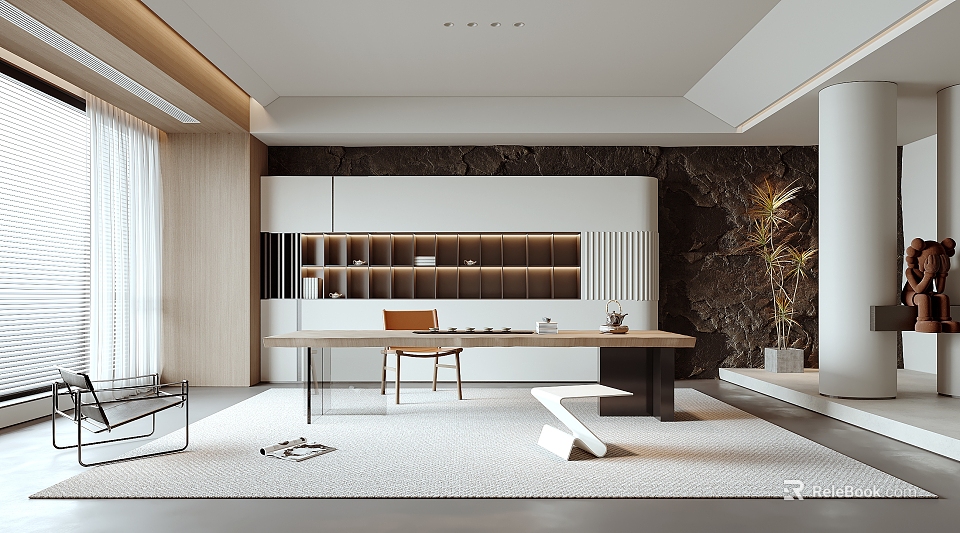 Modern Tea Room Interior Design With Stone Wall Wooden Cabinets And Long Table 3d model 