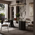 Modern Restaurant Dining Interior With Glass Top Table Green Plant Stone Wall And Chandelier
