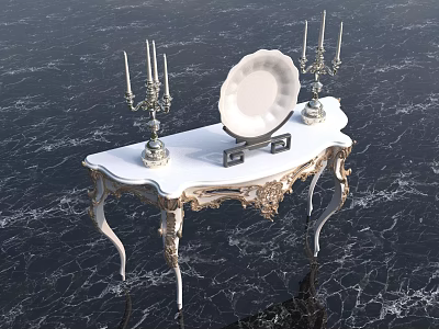 Elegant White Console Table With Carved Details Silver Candlesticks And Decorative Plate 3d model