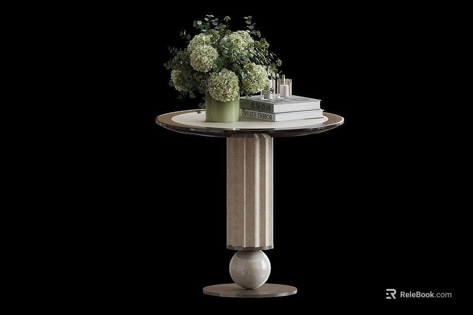 Modern Side Table with Round Top Column Base and Decorative Flower Arrangement Books Candles 3d model 
