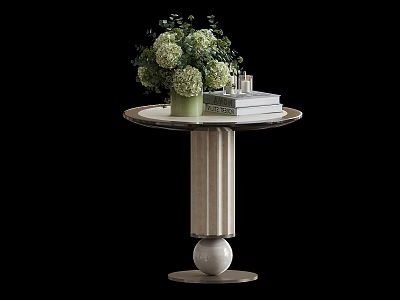 Modern Side Table with Round Top Column Base and Decorative Flower Arrangement Books Candles 3d model