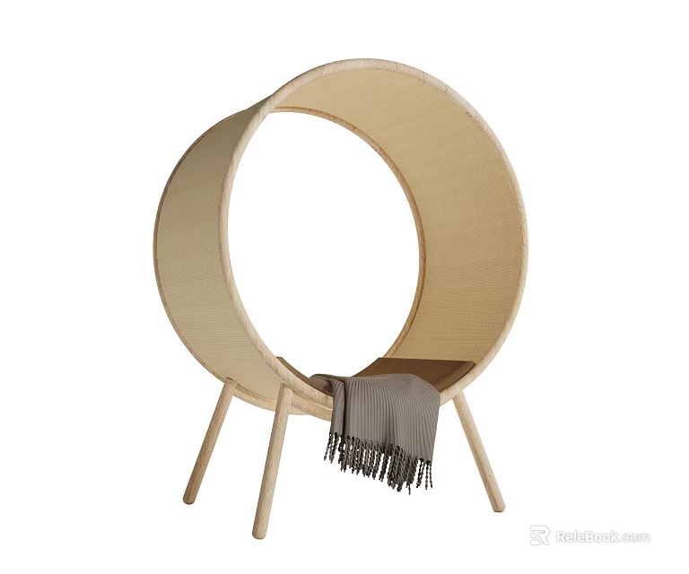Stylish Circular Rattan Leisure Chair with Light Wooden Legs and Gray Fringe Blanket 3d model 