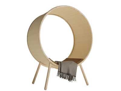 Stylish Circular Rattan Leisure Chair with Light Wooden Legs and Gray Fringe Blanket 3d model