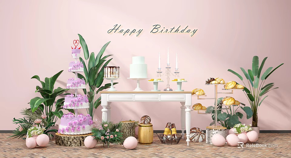 Colorful Birthday Window Display Decoration With Multi Tiered Cakes Green Plants Desserts And White Table 3d model 