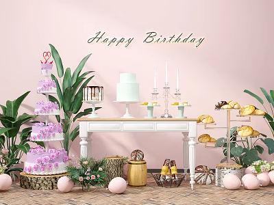 Colorful Birthday Window Display Decoration With Multi Tiered Cakes Green Plants Desserts And White Table 3d model