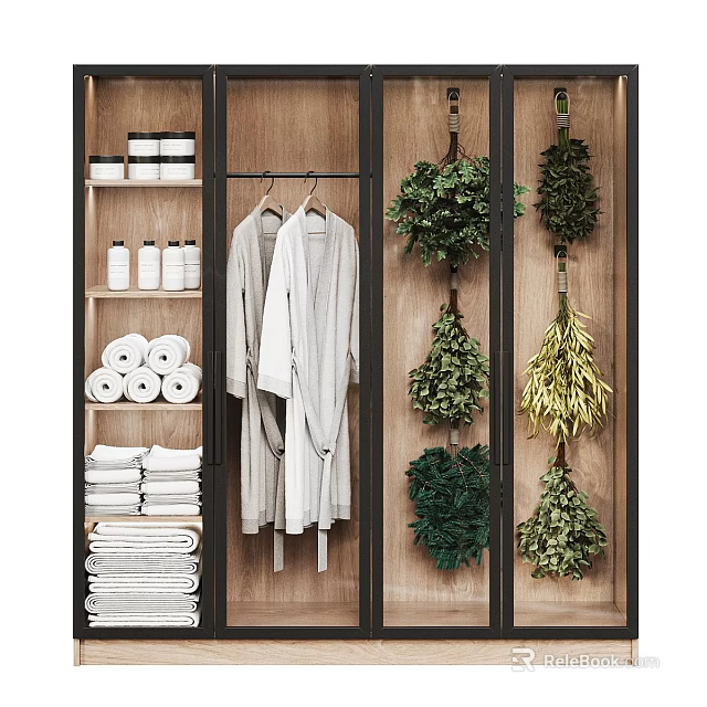 Bathroom Cabinet With Toilet Paper Rolls Towels Bathrobe And Green Plants 3d model 