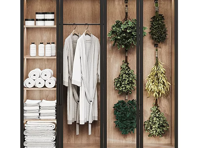Bathroom Cabinet With Toilet Paper Rolls Towels Bathrobe And Green Plants 3d model