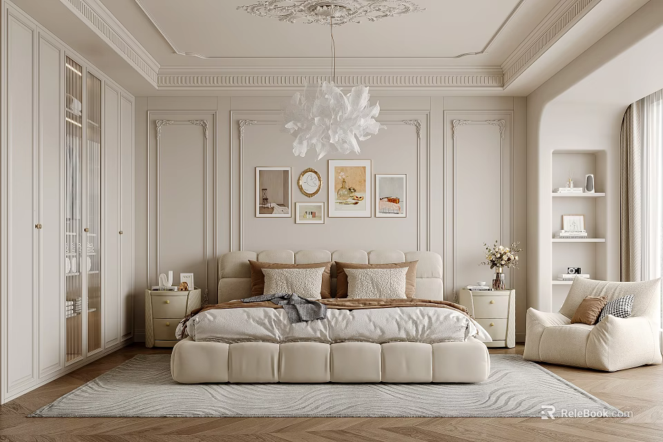 Elegant Bedroom Interior Design With Crystal Chandelier Beige Upholstered Bed And Framed Artworks 3d model 