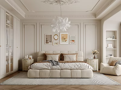 Elegant Bedroom Interior Design With Crystal Chandelier Beige Upholstered Bed And Framed Artworks 3d model