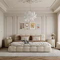 Elegant Bedroom Interior Design With Crystal Chandelier Beige Upholstered Bed And Framed Artworks
