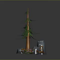 Cartoon Scene Featuring Tall Pine Tree Gray Rocks Tree Stump And Green Grass