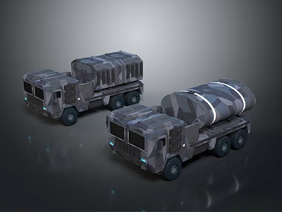 Two Heavy Duty Military Transport Trucks With Camouflage Design And Large Cargo Tanks 3D Rendering 3d model