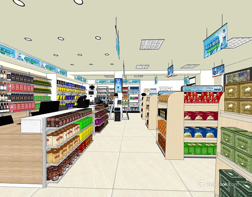 Brightly Lit Supermarket With Organized Shelves Various Products And Hanging Signs 3d model 