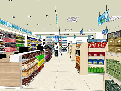 Brightly Lit Supermarket With Organized Shelves Various Products And Hanging Signs 3d model