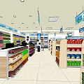 Brightly Lit Supermarket With Organized Shelves Various Products And Hanging Signs