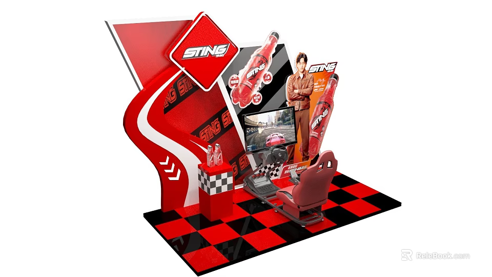 Vibrant Interactive Zone Featuring Racing Simulator Red Design Checkered Floor Gaming Chair And Car Graphics 3d model 